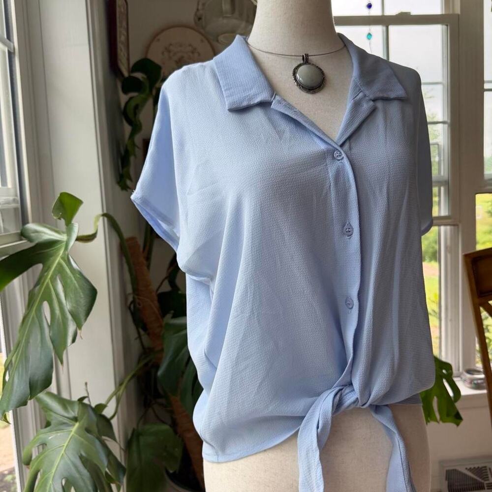 Blue Short Sleeve Button Up Tie Front Blouse Size L